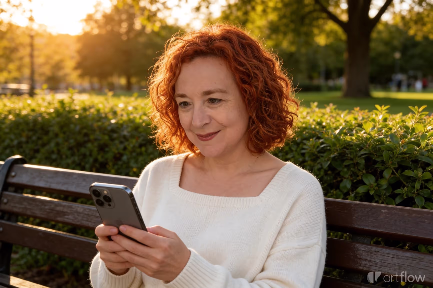 Tisha en un parque con su iPhone al atardecer