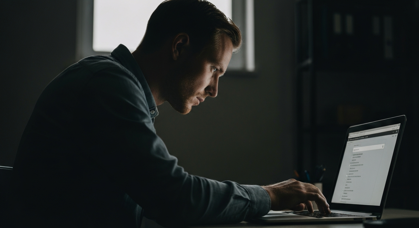 A white man with light brown hair and a beard works intently on a laptop in a dimly lit room, his face illuminated by the screen's glow.