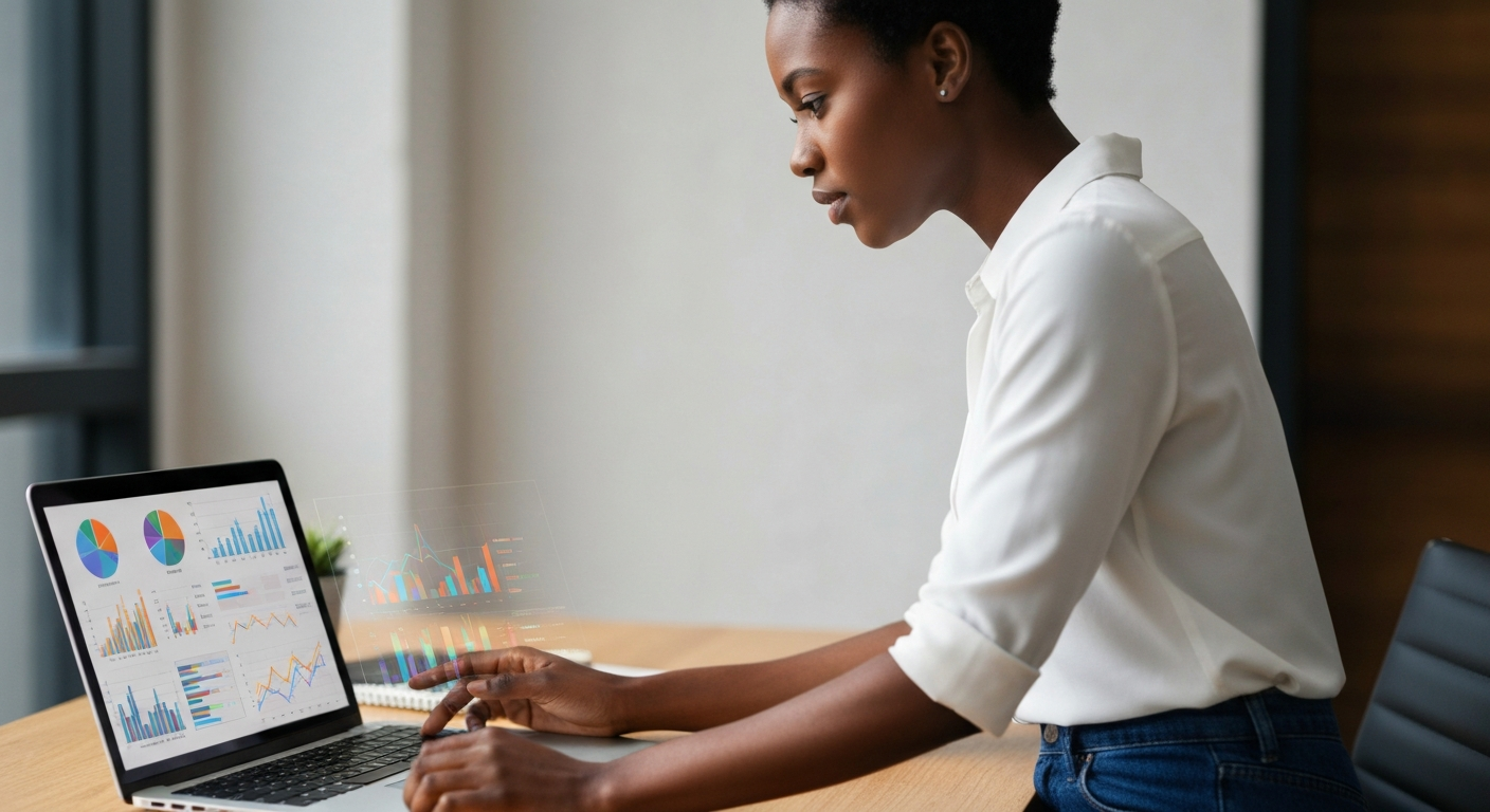 A Black woman in a white shirt and jeans intently looking at a laptop screen displaying various colorful data charts, with holographic projections of similar charts floating above the laptop.