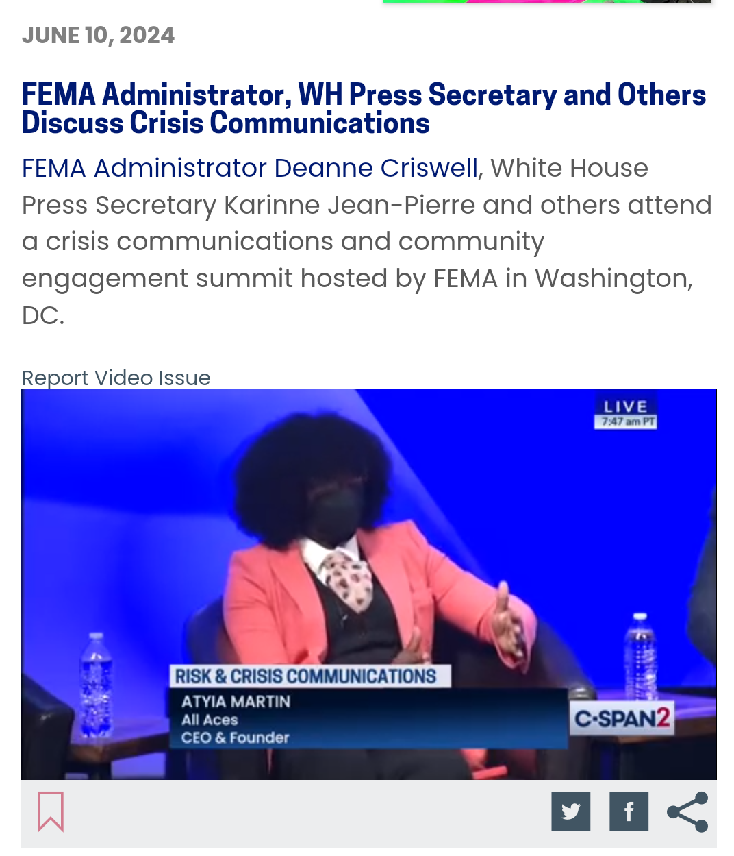 A C-SPAN2 video still shows Atiya Martin, CEO & Founder of All Aces, speaking at a 'Risk & Crisis Communications' event. She is a woman with dark, curly hair, wearing a black face mask, a pink blazer, and a patterned tie, seated in a black chair. A bottle of water is on a small table next to her. The top right corner shows 'LIVE 7:47 am PT'.