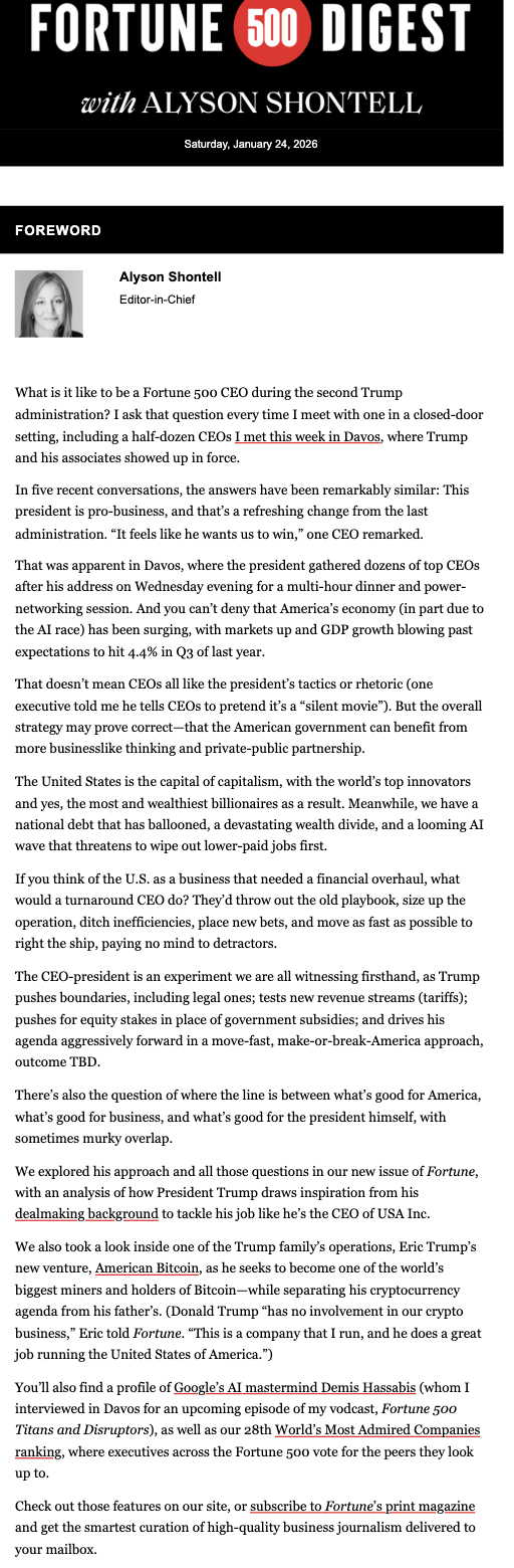 Screenshot of the original newsletter text from Fortune Magazine's email