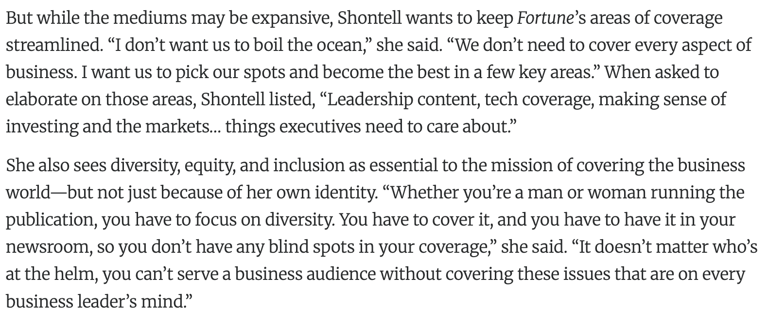 Screenshot from an article quoting Shantell about her commitment to DEI with a link to the original article.
