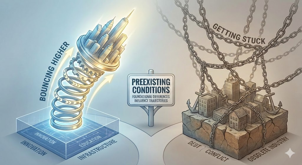 Visualizing Preexisting Conditions: Why Some Places Bounce Higher and Others Get Stuck An illustration contrasting two urban environments, separated by a sign that reads 'PREEXISTING CONDITIONS - FOUNDATIONAL DIFFERENCES INFLUENCE TRAJECTORIES'. On the left, a modern city skyline is atop a glowing spring, labeled 'BOUNCING HIGHER', supported by a transparent base with text 'INNOVATION', 'EDUCATION', and 'INFRASTRUCTURE'. On the right, an older, smaller city is depicted on a cracked landmass, heavily bound by large chains and anchors, labeled 'GETTING STUCK', with the base labeled 'DEBT', 'CONFLICT', and 'OBSOLETE INDUSTRY'.
