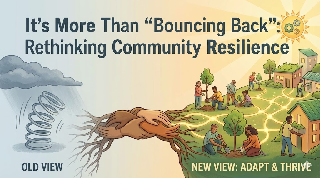 It's More Than 'Bouncing Back': Rethinking Community Resilience An illustration contrasting two views of community resilience. The top text reads: 'It's More Than 'Bouncing Back': Rethinking Community Resilience.' The left side, labeled 'OLD VIEW,' shows a dark storm cloud raining on a compressed metal spring, which transitions into gnarled, brown roots. The right side, labeled 'NEW VIEW: ADAPT & THRIVE,' depicts a bright, sunny sky with a sun icon containing gears, symbolizing innovation. The gnarled roots transform into a bridge of diverse hands clasped together, which then branches into lush green roots forming the landscape of a thriving community. This community features people planting trees, houses with green roofs, and glowing interconnected paths, representing growth, collaboration, and sustainability.