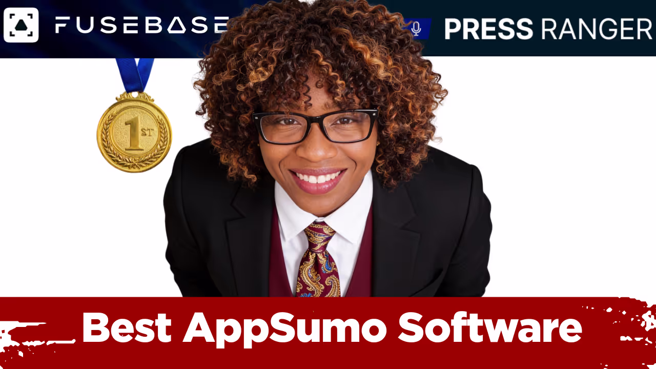 Dr. Atyia Martin Looking up at the camera with the FuseBase & Press Ranger logos at the top of the screen and Best AppSumo Software at the bottom of the screen