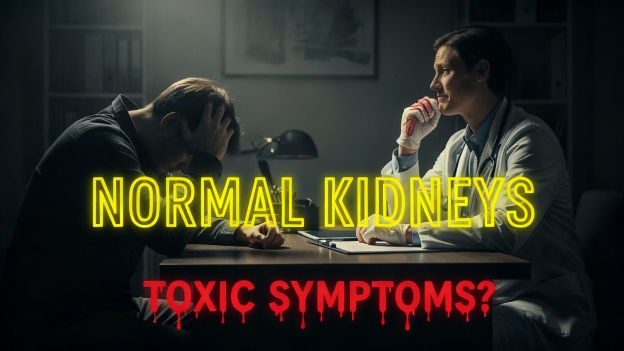 A distressed man sits across from a doctor in a dim clinic office, with large yellow neon text reading 'NORMAL KIDNEYS' and red dripping text below asking 'TOXIC SYMPTOMS?'.