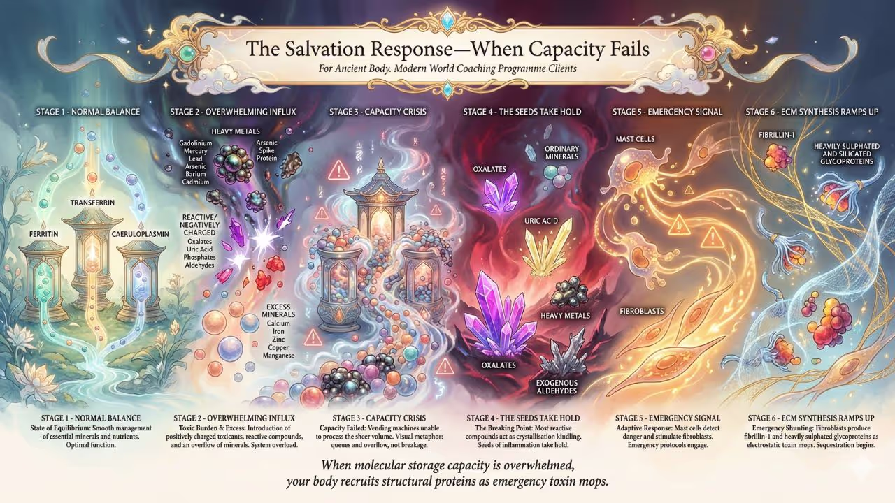 The Salvation Response—When Capacity Fails A painterly infographic showing the body's six-stage transition from normal mineral balance to an emergency response where proteins are recruited to sequester overflowing toxins.