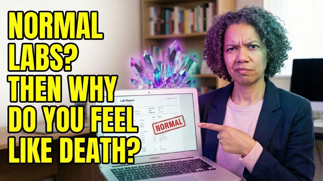 A portrait of Dr Catriona Walsh pointing to a 'Normal' result on a MacBook Air lab report in a home office. 'Normal labs? Then Why do you feel like death?' written on the screen