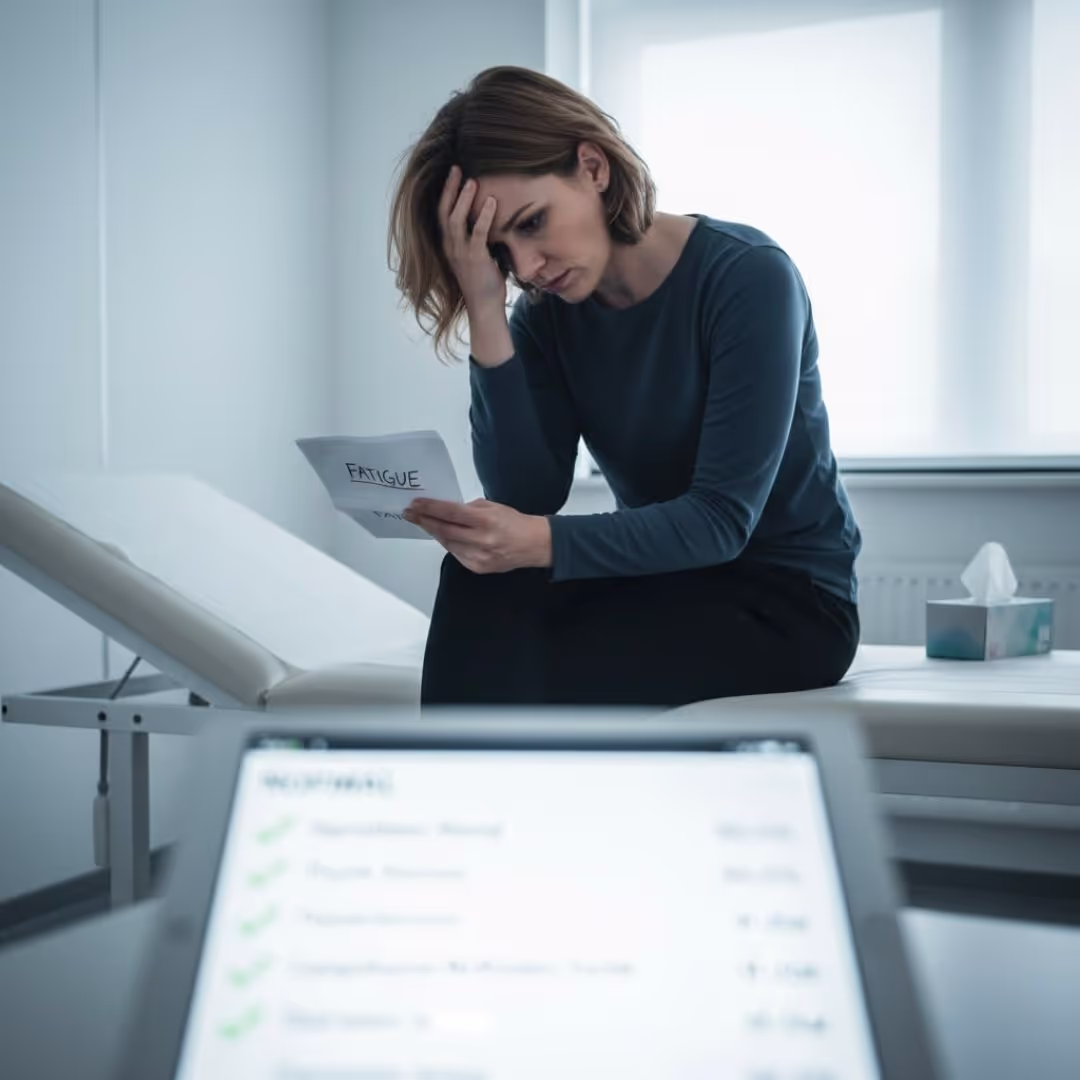 Normal blood tests but feel terrible—The ATTRACT Cascade Photo of a woman holding piece of paper saying 'fatigue' in hospital explaining why someone might have normal blood tests but feel terrible due to the body sequestering toxins & nutrients in crystals.