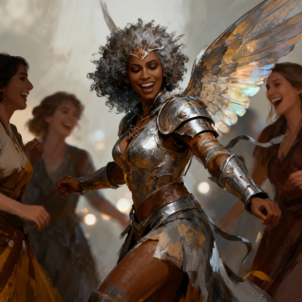 Smiling winged warrior in silver armor dancing with laughing women, iridescent feathered wings and curly silver hair, in a warm, painterly fantasy scene.