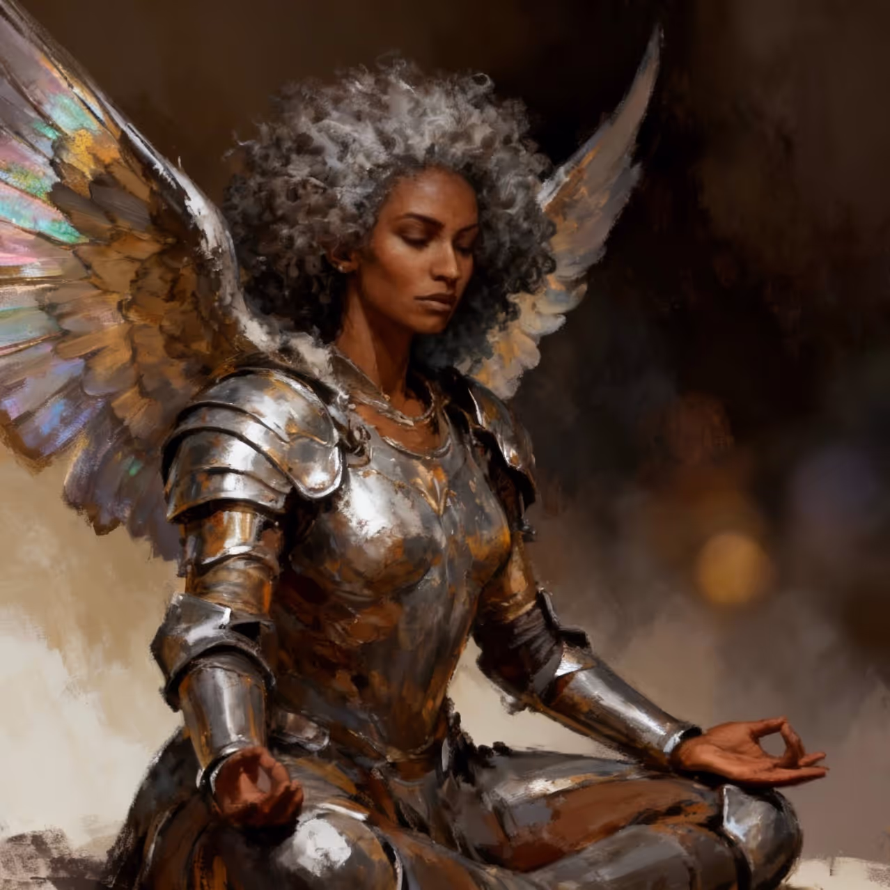 Digital painting of an angelic figure in silver armor with iridescent wings and curly gray hair, seated cross-legged in meditation with eyes closed against a dark, painterly background.