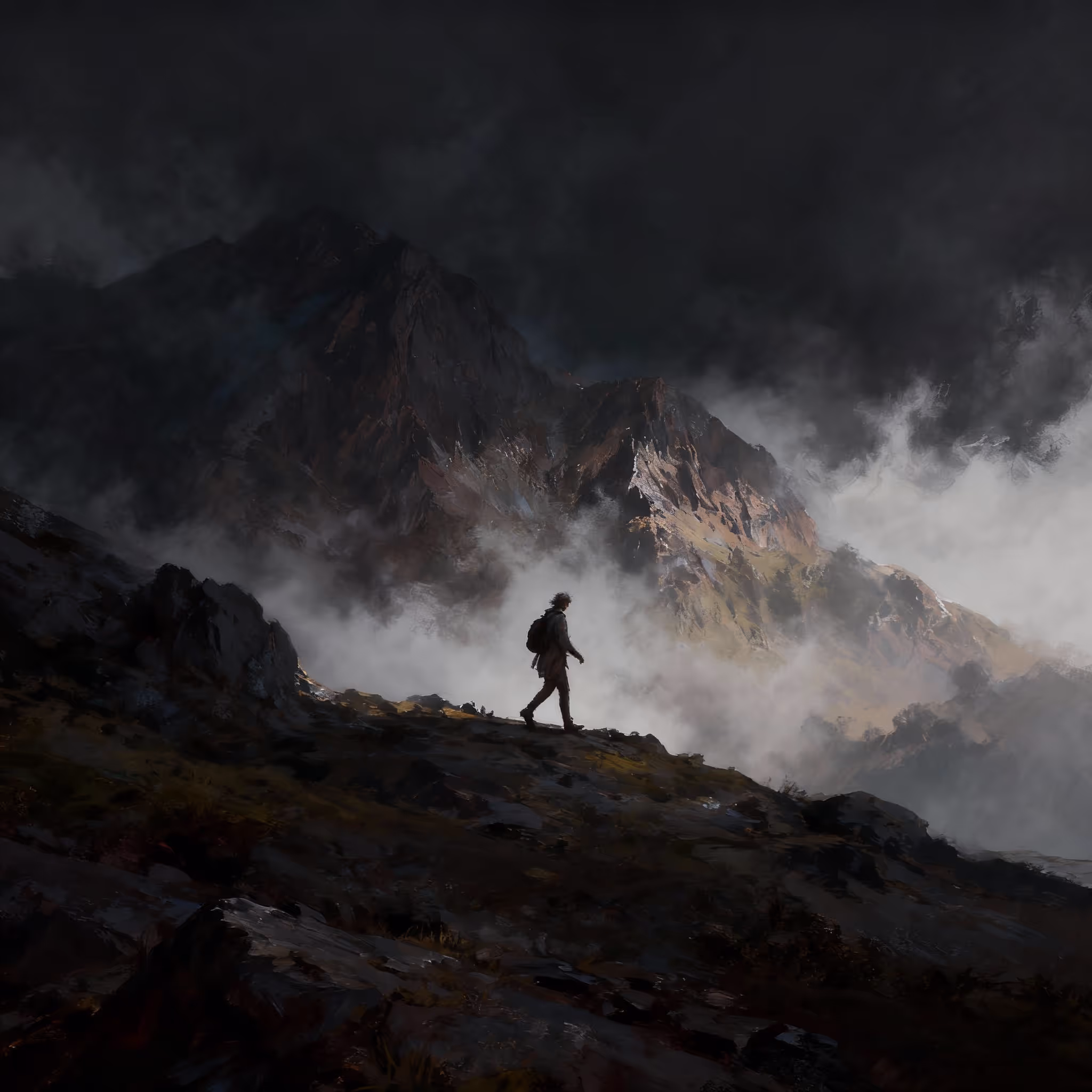 Silhouette of a lone hiker with a backpack walking along a rocky mountain ridge amid swirling mist, with dramatic dark clouds and sunlit peaks in the background.