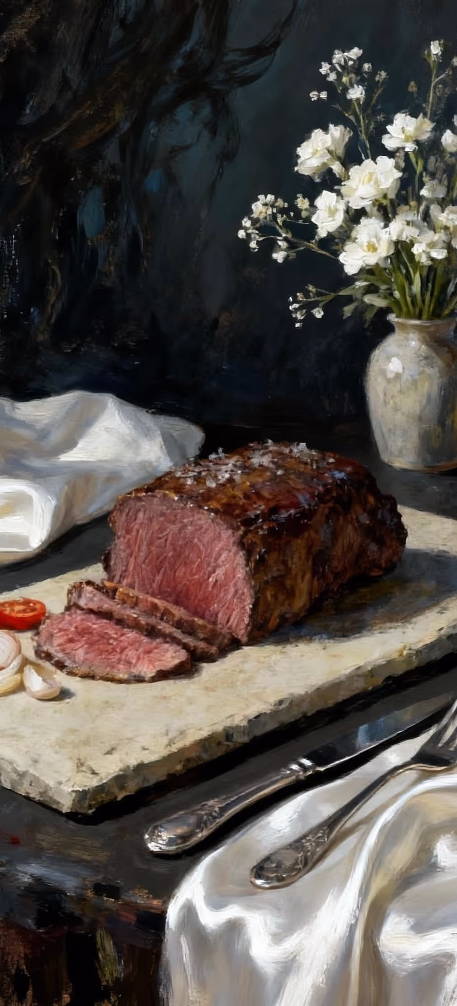 Still-life oil painting of a sliced medium-rare roast on a stone board with sea salt, tomato and garlic, silver cutlery, draped white cloth, and a vase of white flowers against a dark background.