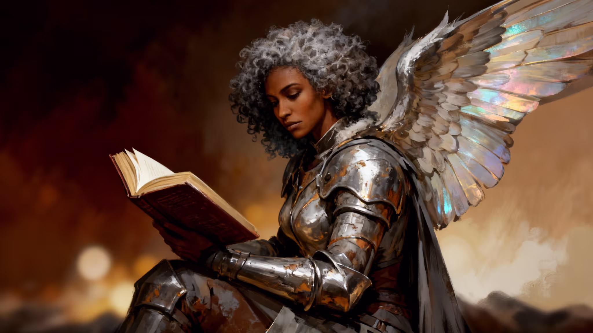 Fantasy artwork of an angelic warrior in worn silver armor reading an open book, with curly gray hair and iridescent wings glowing against a warm, cloudy sky.