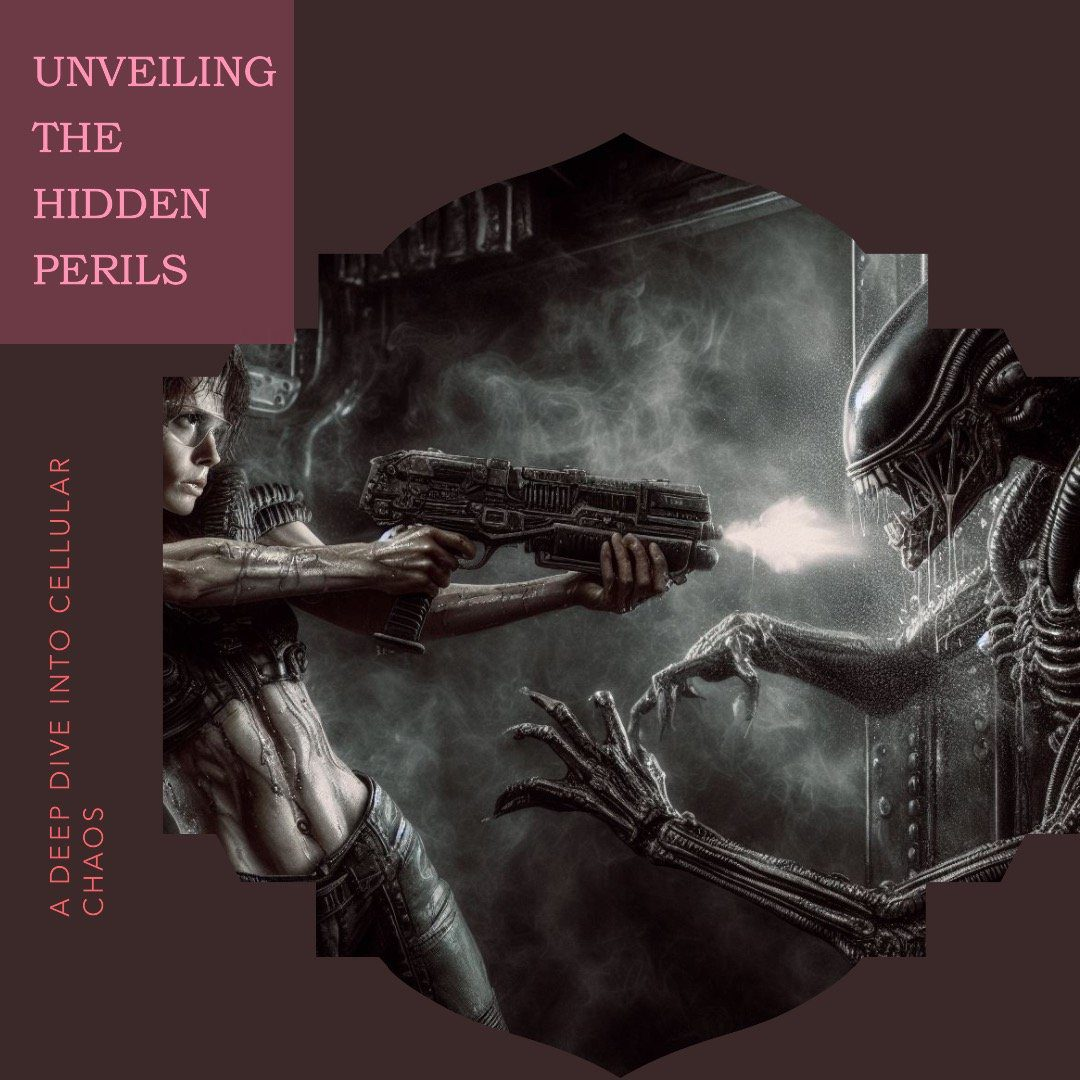Dark sci-fi artwork of a cybernetic woman firing a large futuristic gun at a xenomorph-like alien in a smoky metal corridor, framed by maroon shapes; overlay text reads 'Unveiling the Hidden Perils' and 'A Deep Dive into Cellular Chaos'.