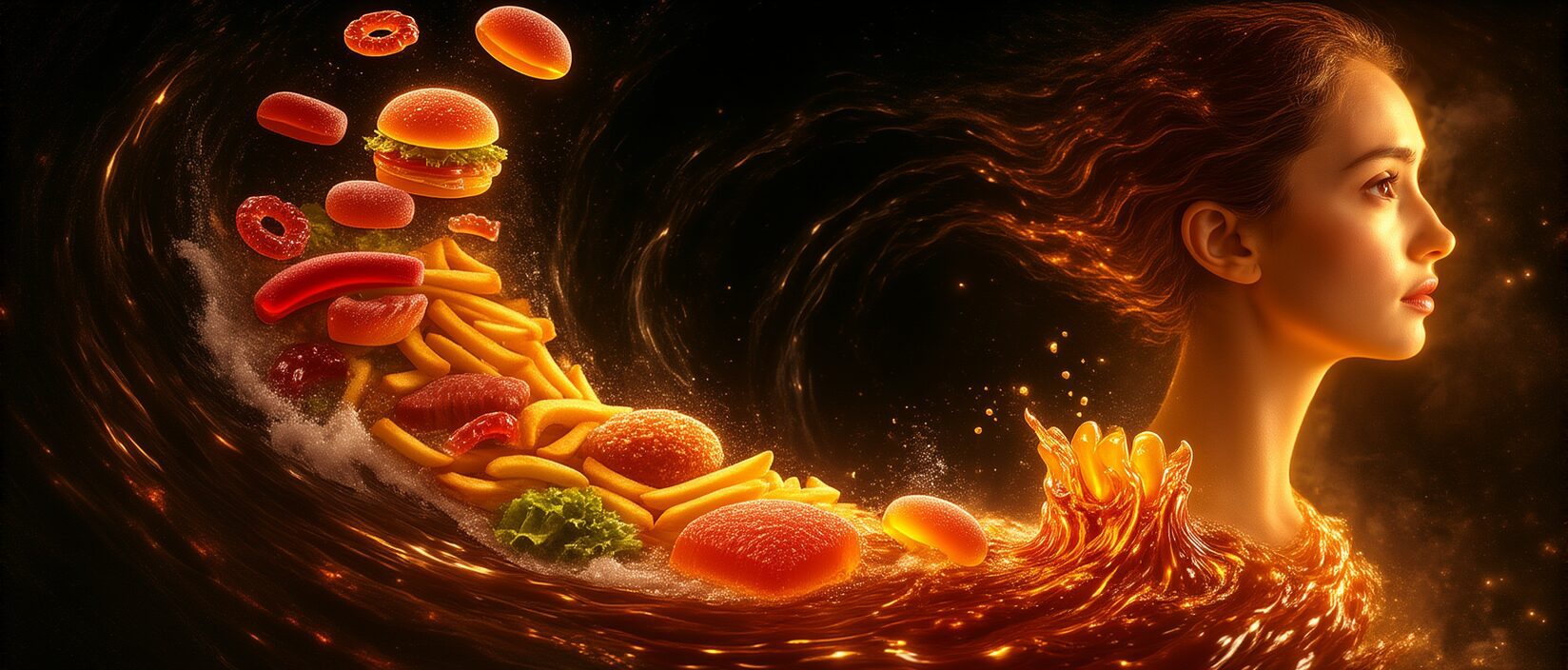 A girl stands surrounded by a vibrant vortex of food, illustrating the concept of understanding food aversion.