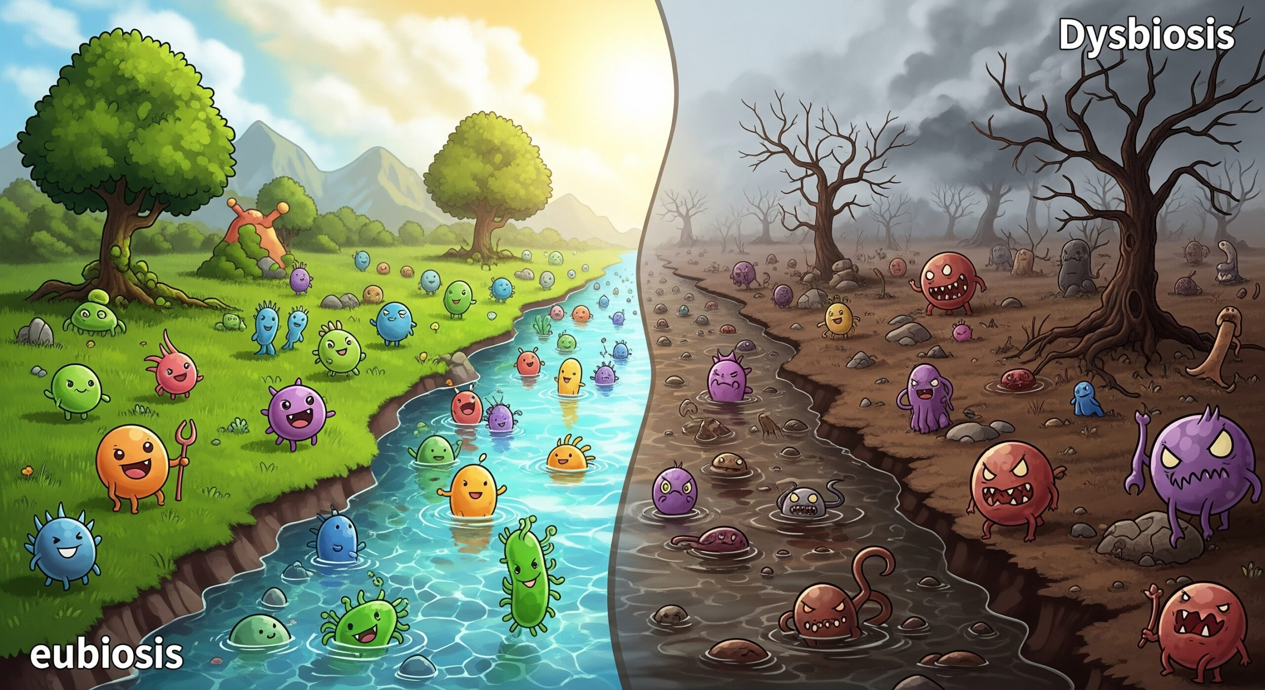 A split image illustration with a healthy ecosystem symbolised by a verdant green garden with blue river full of friendly gut microbes on the left and a dry wasteland with dried up river and dead tree