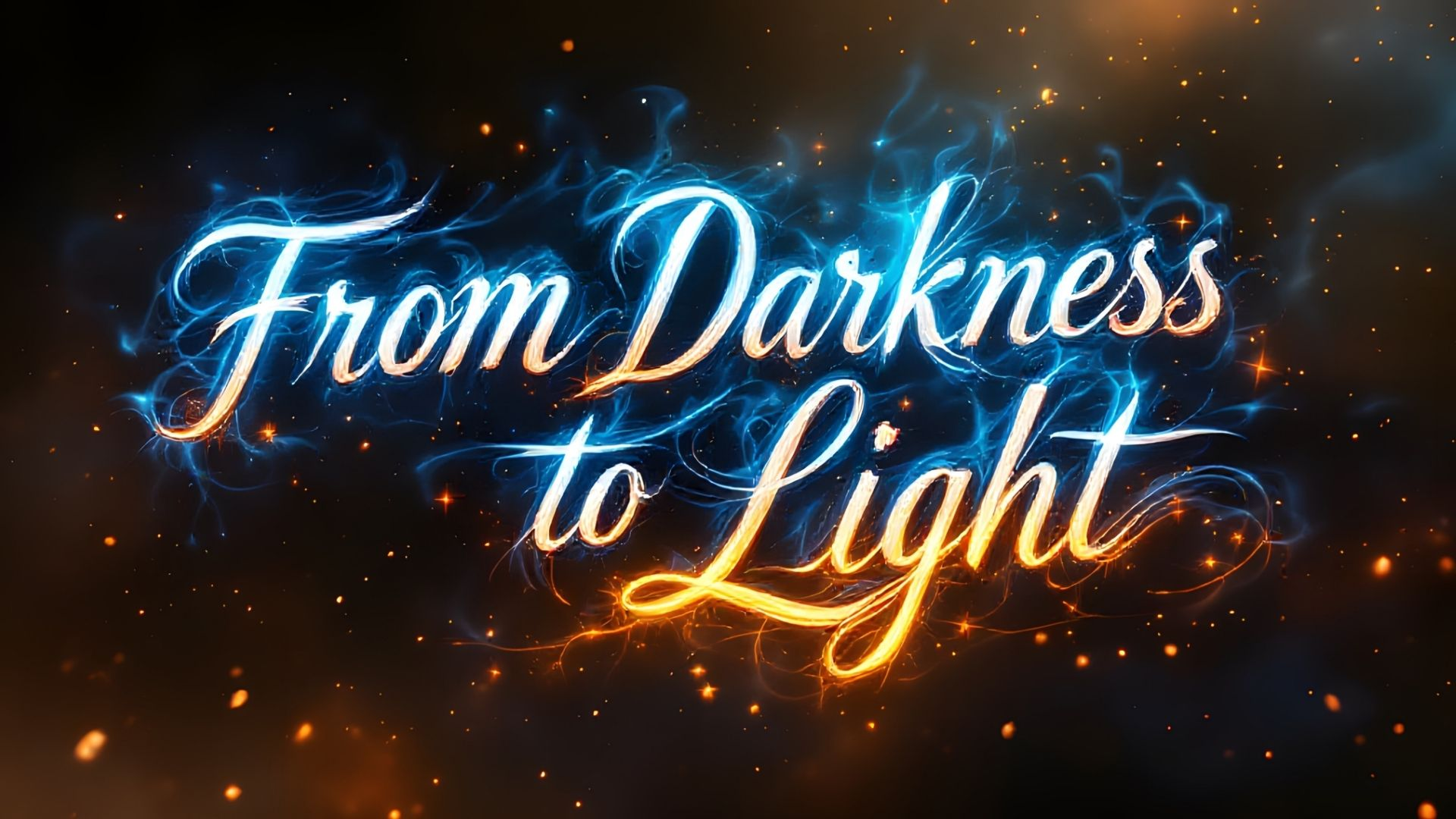From darkness to light blue and gold flames and lightning on a background of dark smoke and bright s From darkness to light blue and gold flames and lightning on a background of dark smoke and bright sparks