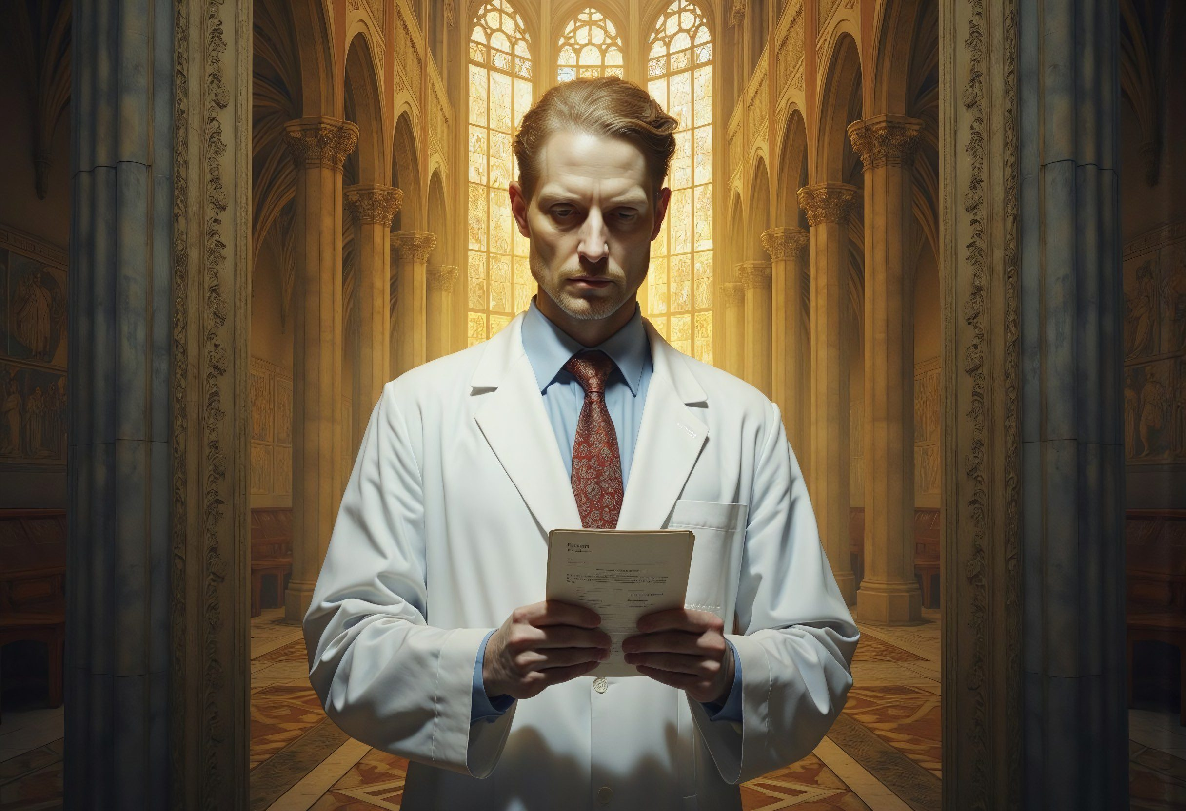 High priest of medicine 2 A stern-looking physician examines patient records in a church-like setting, representing the unquestioned authority of medicine amidst concerns of Big Pharma ethical violations
