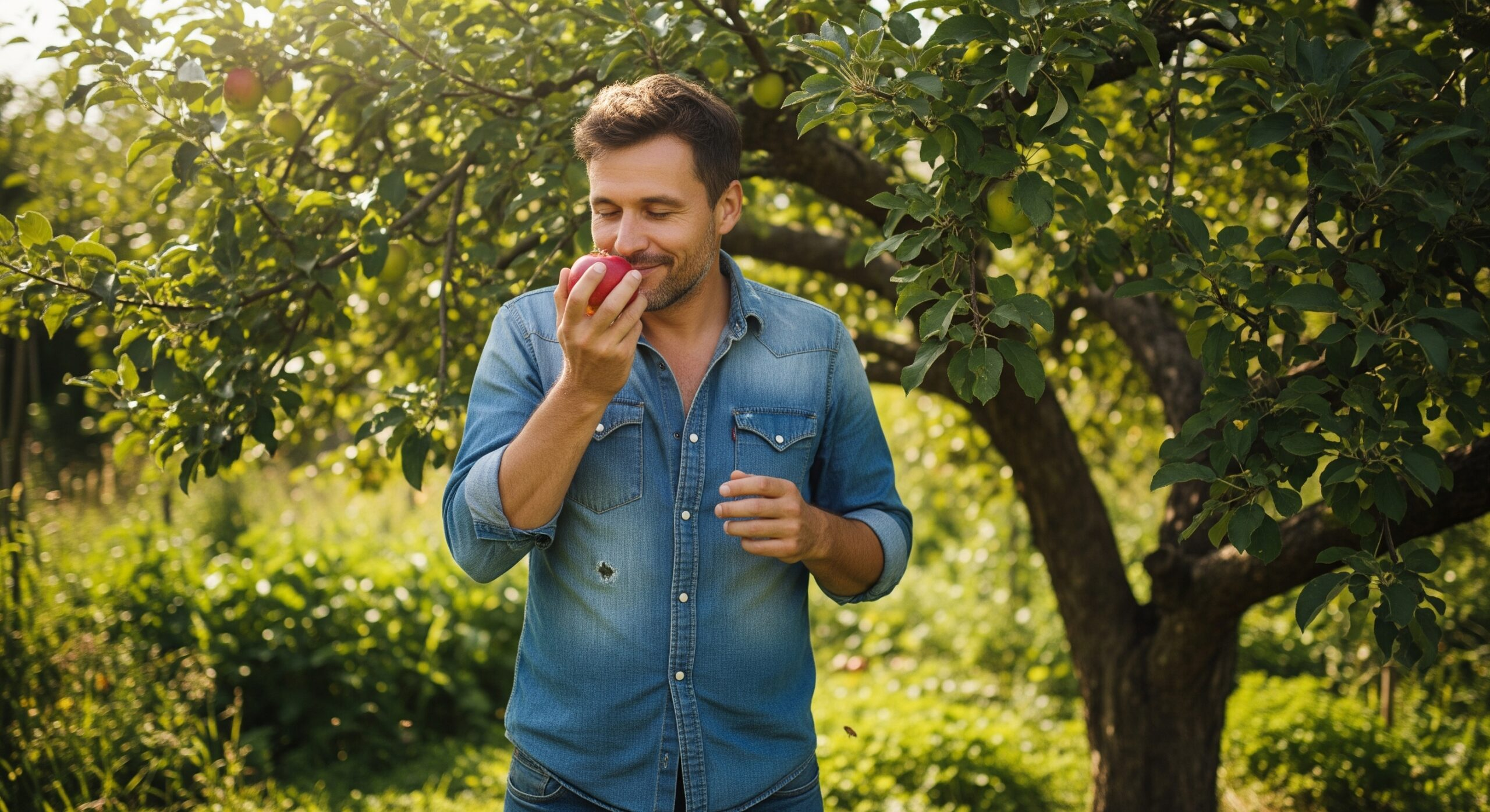 A man enjoying the aroma of a perfectly ripe apple in the dappled shade of an apple tree in a garden. He's appreciating the aroma's impact on flavor.