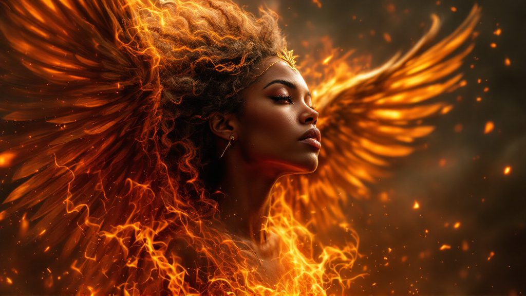 Phoenix rising from the flames A Black woman in profile, her eyes closed in a serene expression. Her natural curly hair appears to be made of golden-orange flames that flow dramatically behind her. Fiery phoenix-like wings emerge.