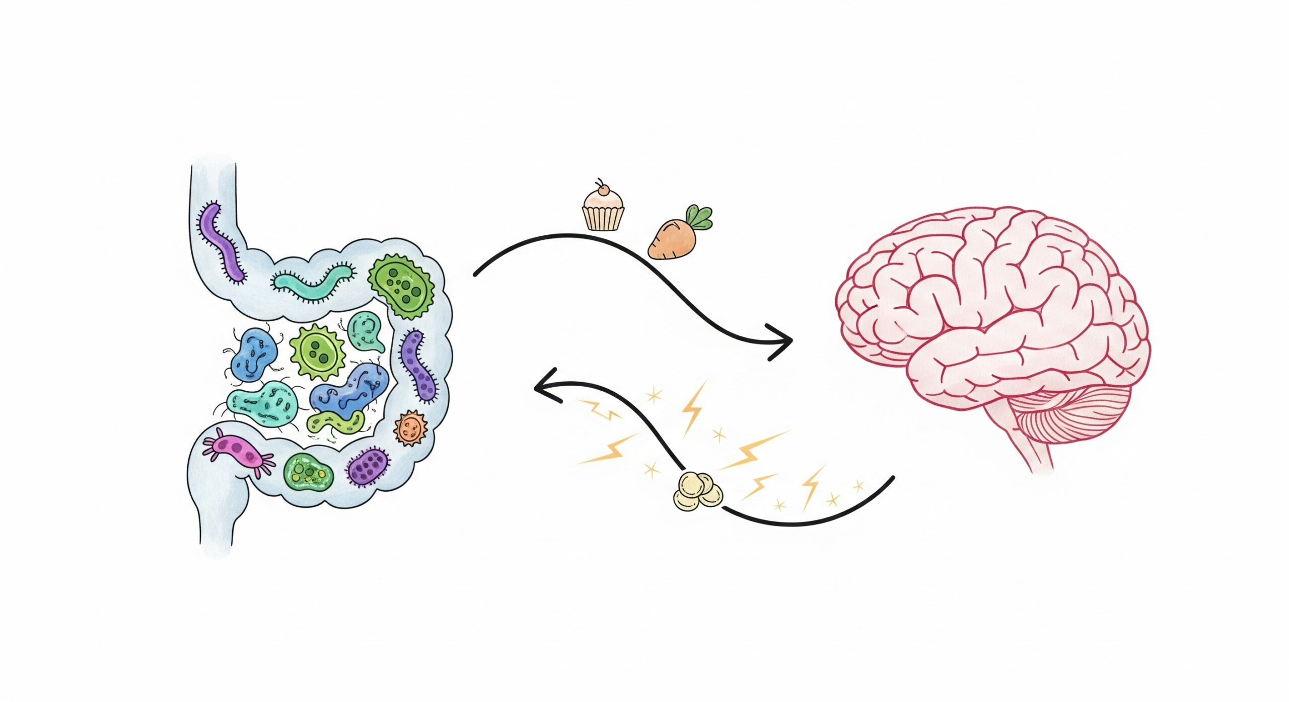 The bidirectional relationship between the gut microbiome and the brain to illustrate how the microbiome influences taste preferences and the brain in turn influences the microbiome.