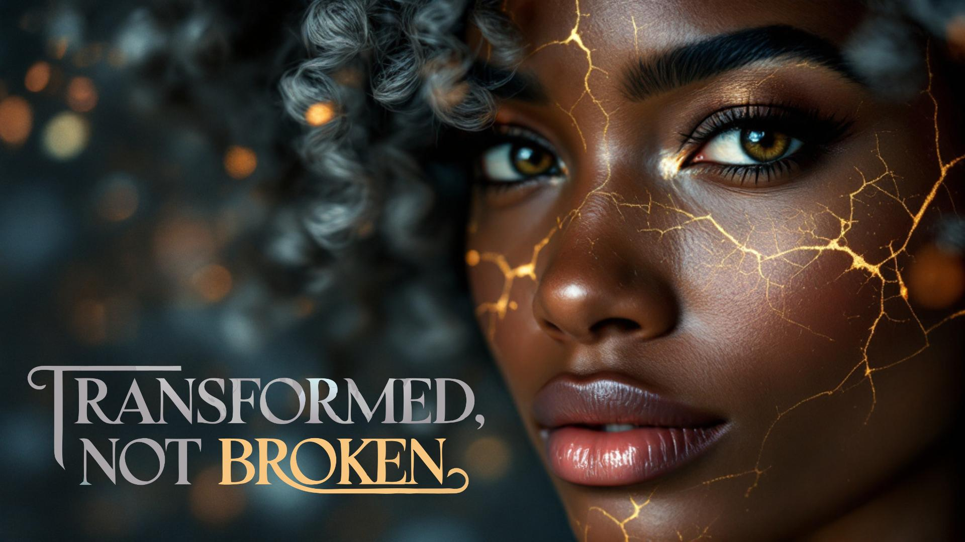 Transformed, Not Broken: Embracing the Beauty of Resilience Close-up portrait of a Black woman with golden kintsugi-style cracks on her skin against a dark background, with text reading 'Transformed, Not Broken'