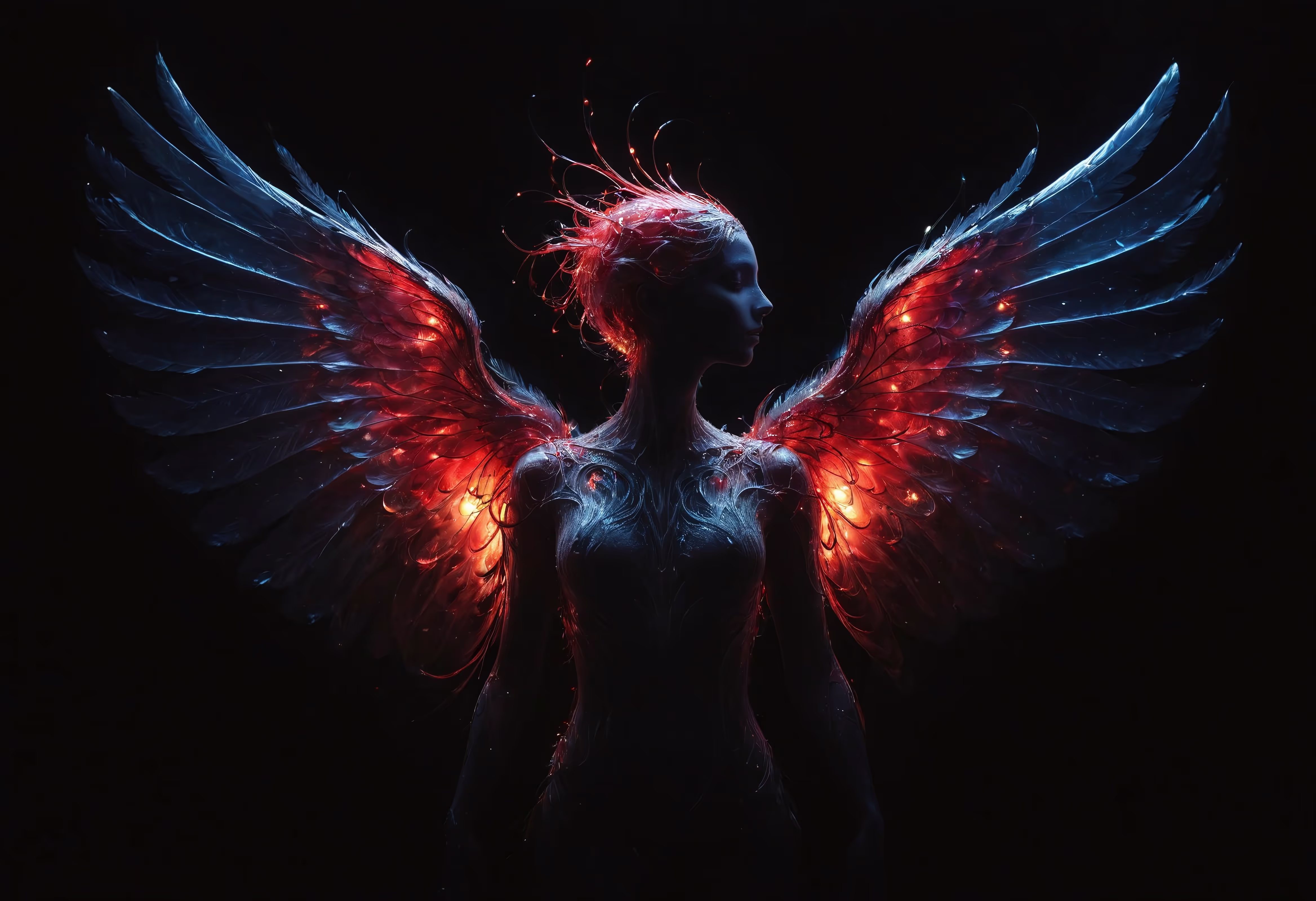 Anthropomorphised phoenix woman with glowing wings and dramatic lighting