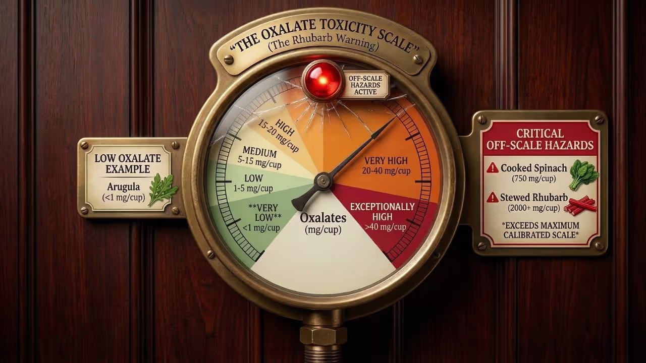 brass pressure gauge styled as 'Oxalate Toxicity Scale' with zones from very low (< 1mg per cup) to exceptionally high (> 40mg per cup), with cracked glass face and red warning light indicating off-sc