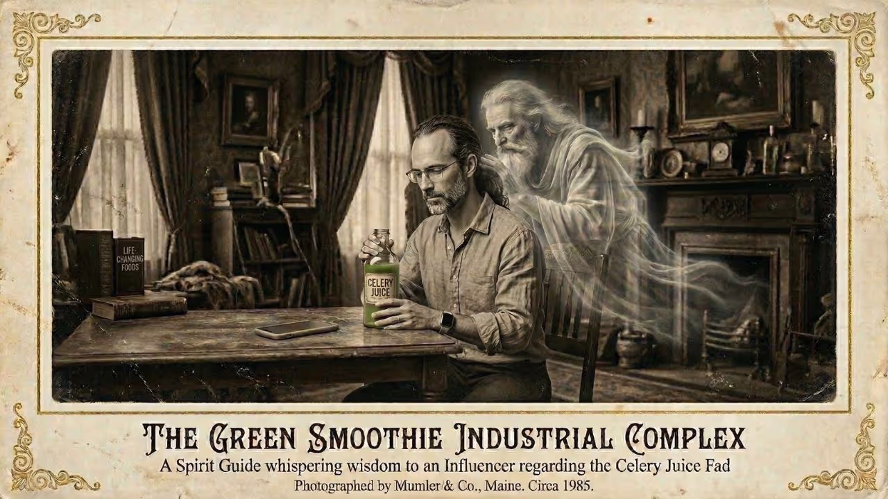 Vintage sepia spirit photographshowing ghostly translucent figure whispering to man holding bottle of celery juice, titled 'The Green Smoothie Industrial Complex — A Spirit Guide whispering wisdom to 
