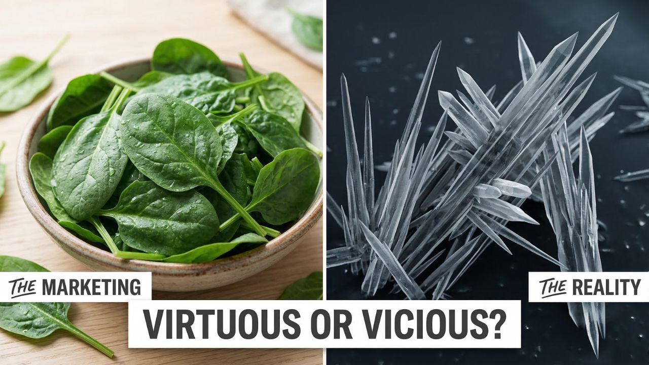 Split comparison image: the left side shows fresh spinach leaves in a wooden bowl labelled 'The Marketing' and the right side shows sharp, jagged microscopic crystal shards against a black background 