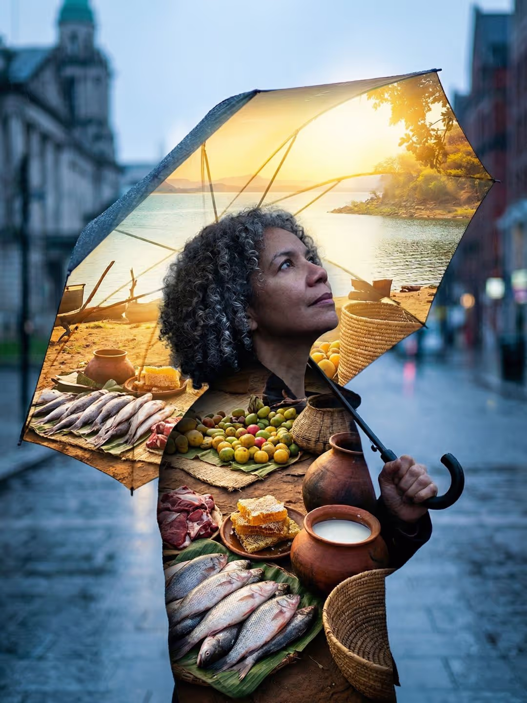 A person with curly gray hair stands on a rainy city street holding an umbrella, whose canopy and the person’s silhouette reveal a bright seaside market scene with fish, fruits, clay pots, baskets, and a sunlit shoreline.