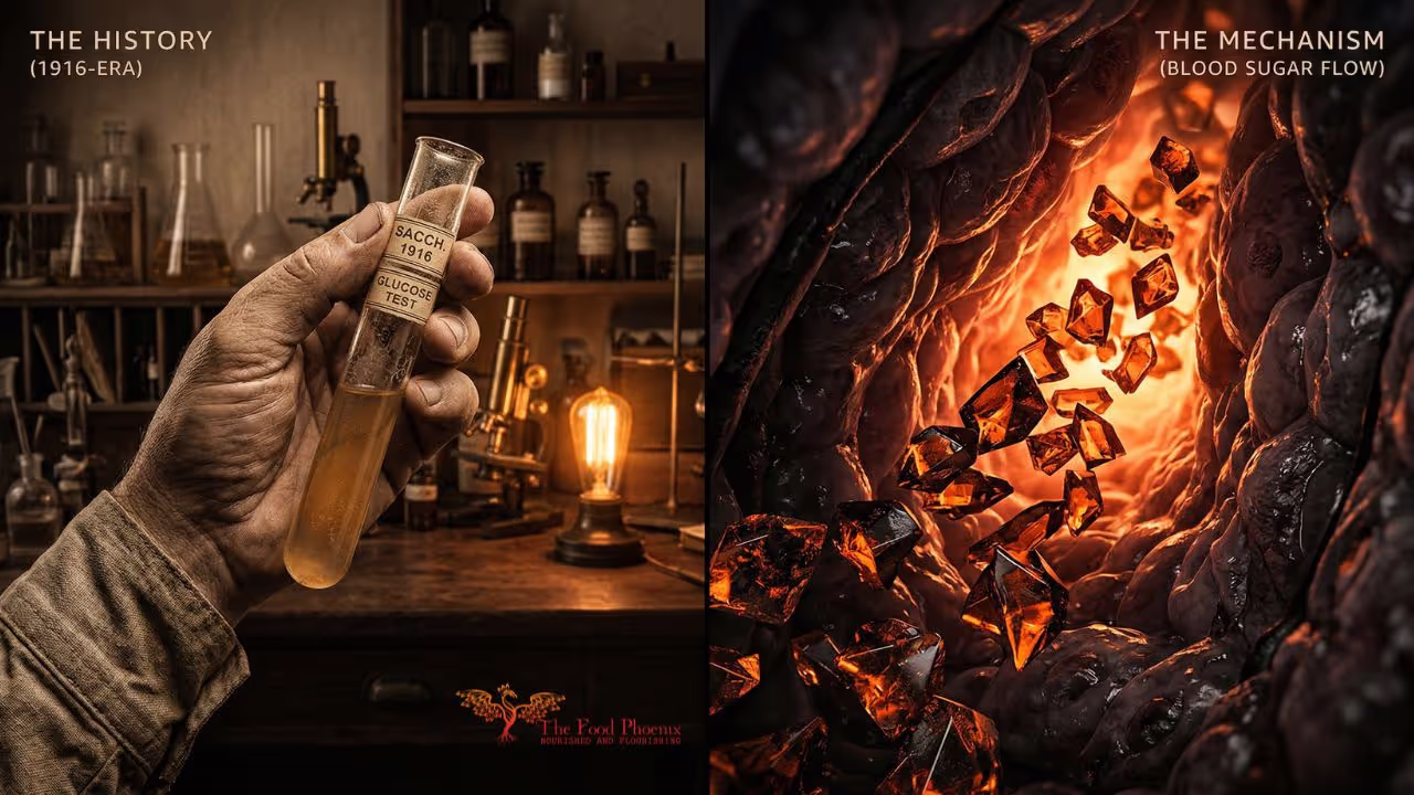 Dual-panel image: left panel shows a vintage 1916-era laboratory with a sample in a researcher's hand ('The History, 1916 Era'); right panel shows a glowing cross-section of inflamed intestine & sugar