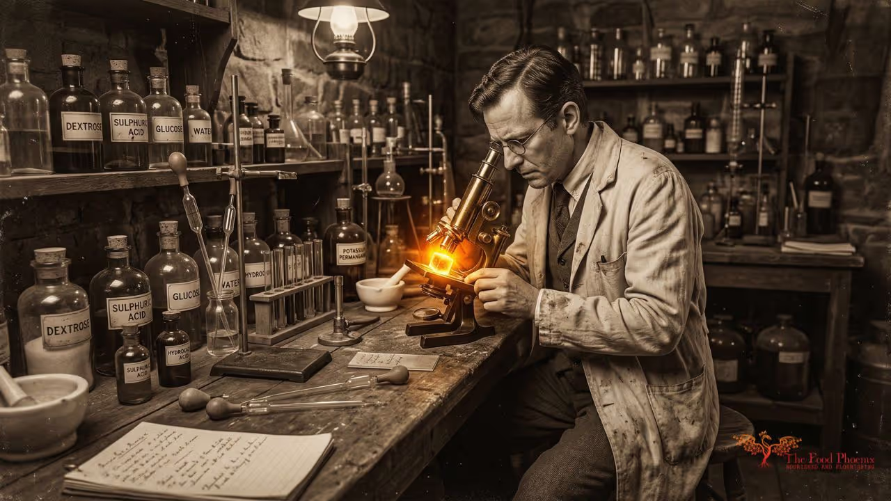 A sepia-toned vintage-style researcher working by lamp and microscope in a Victorian-era laboratory, representing the 1916 Schwartz, Heimann & Mahnken study on blood sugar and acne.