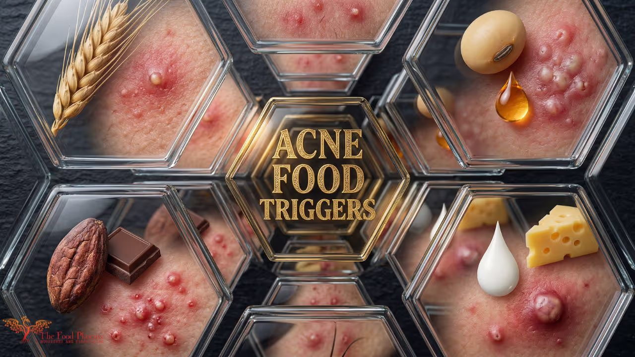 
Infographic showing acne food triggers arranged in hexagonal panels: gluten (wheat), chocolate, nuts, soy (soybean and oil), dairy (cheese), and cooking oil — each panel showing acne-affected skin