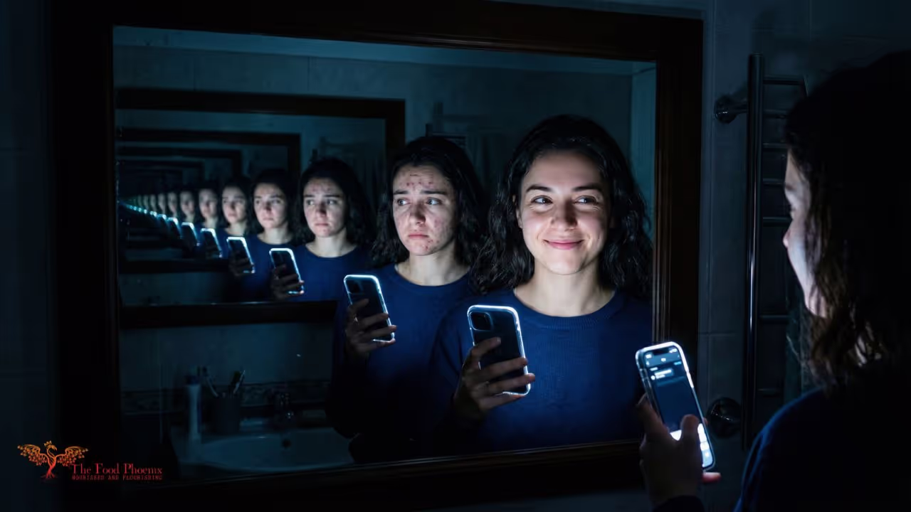 A young woman with acne holds a phone torch to her face while looking into a bathroom mirror, seeing multiple reflections of herself stretching back into the distance — representing years of acne.