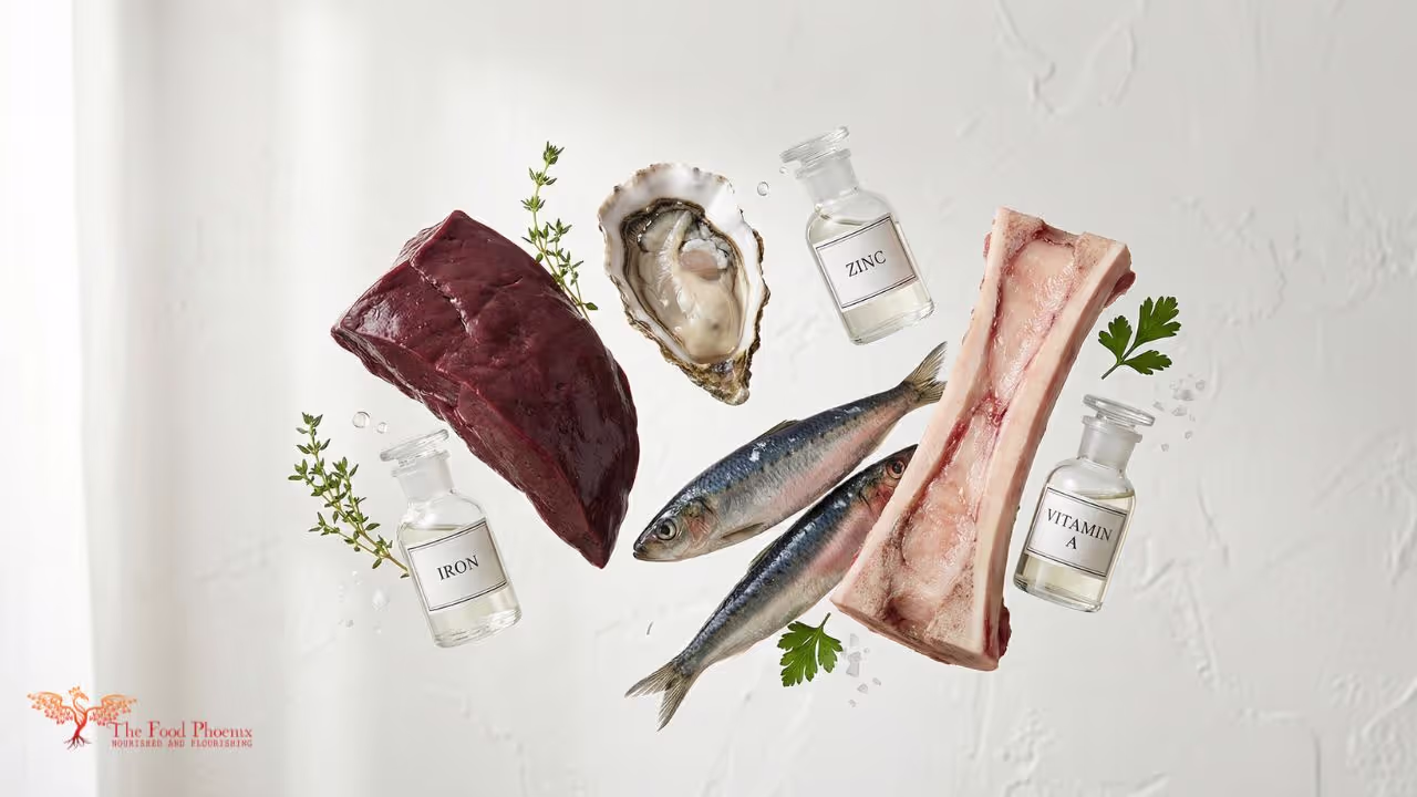 Flat-lay of ancestral nutrient-dense foods — red meat, oysters, sardines, bone marrow — alongside apothecary bottles labelled Iron, Zinc, and Vitamin A, on a white background. The Food Phoenix branded