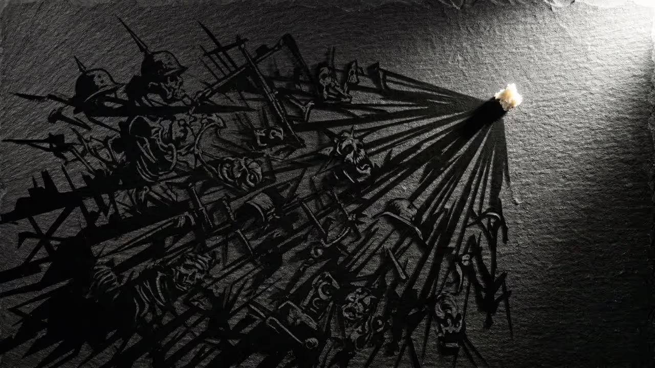 Overhead view of a slate surface: dark detailed shadows of a medieval army converging on a single small breadcrumb glowing in the upper corner. A visual metaphor for the full-body inflammatory cascade