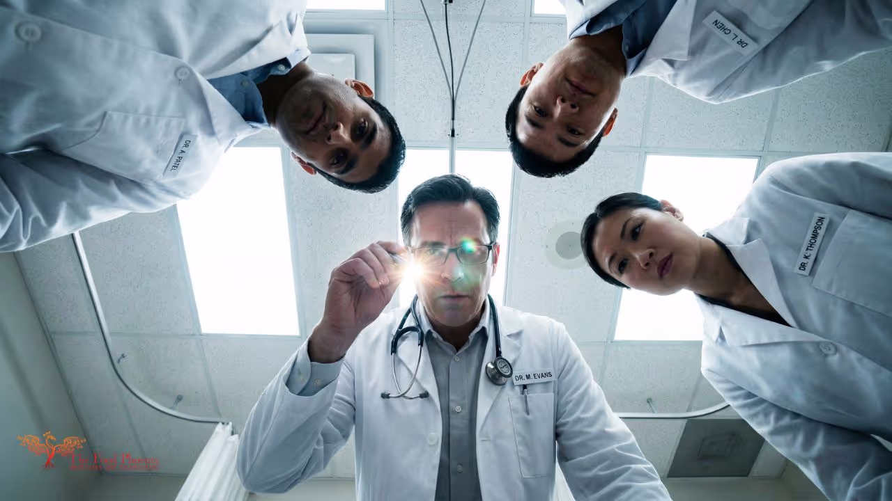 Low-angle shot looking up at four doctors in white coats peering down from above — a visual representation of the patient's perspective under medical authority, with name badges including Dr M Evans