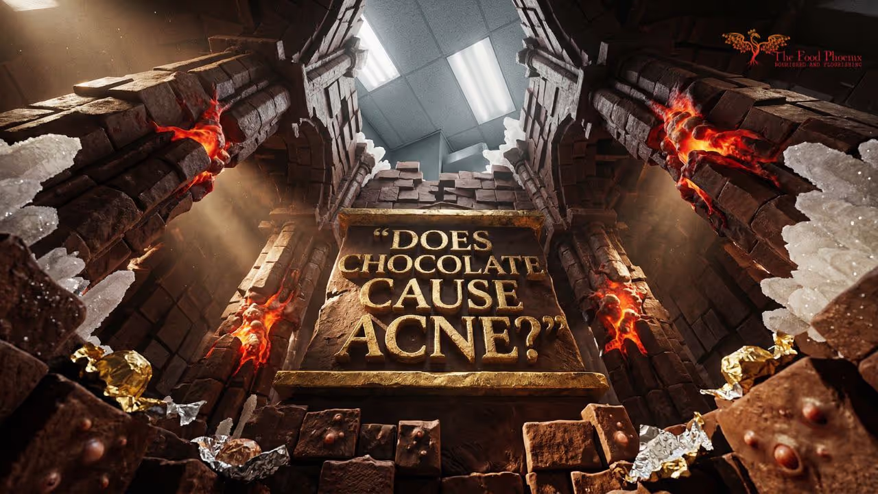 Dramatic stone temple interior with the question 'Does Chocolate Cause Acne?' carved into chocolate, pimpled walls in golden letters, surrounded by scattered chocolate wrappers, and flickering light.