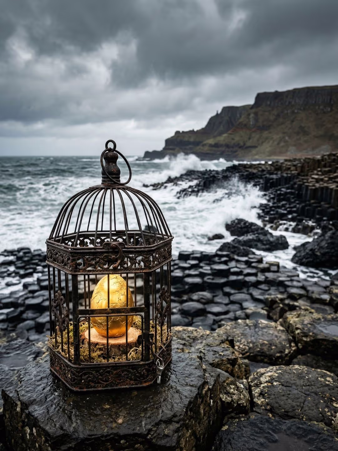 A glowing Easter egg inside an ornate birdcage, sitting on the basalt columns of the Giant's Causeway, Northern Ireland, under a stormy sky with crashing waves — representing the revelation of the Len