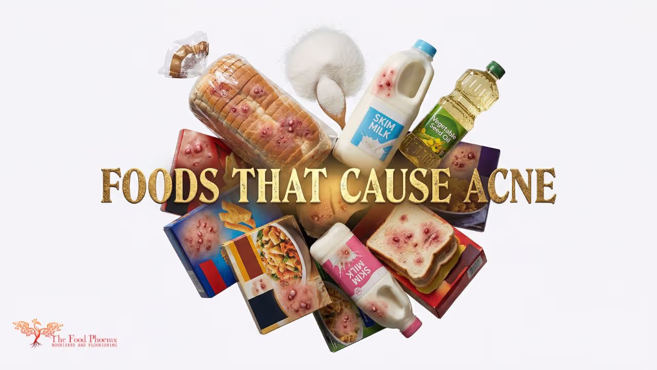 Overhead flat-lay of foods associated with acne (white bread, skim milk, vegetable oil, sugar, and processed food packaging) with acne-affected skin overlaid, and text reading 'Foods That Cause acne.'