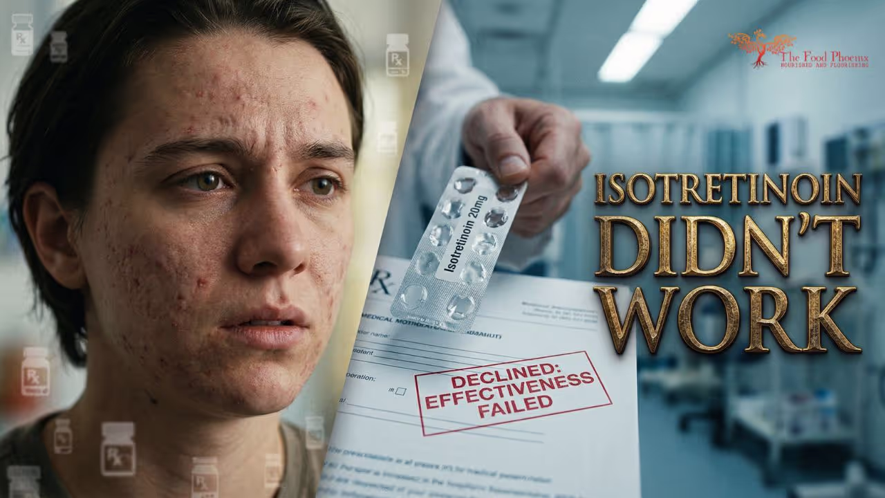 A young woman with acne looks distressed on the left; on the right, a blister pack of Isotretinoin 20mg alongside a medical document stamped 'Declined: Effectiveness Failed.' Text reads 'Isotretinoin 
