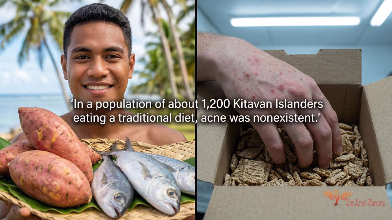 Split image: a smiling Kitavan man with tropical island and traditional foods (fish, sweet potatoes) on the left, and a close-up of acne-affected skin on the right, with the quote 'In a population of 