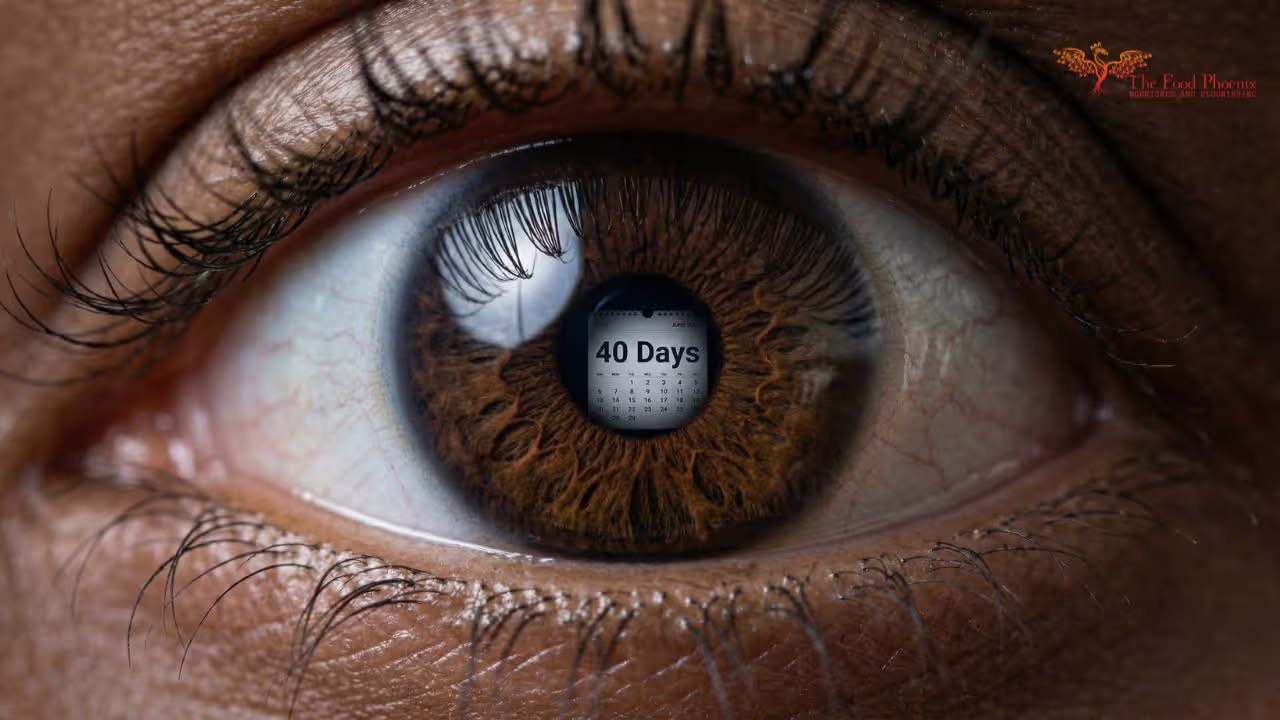 Extreme close-up of a human eye with a calendar showing '40 Days' reflected in the iris — representing the 40-day Lenten fast that revealed a chocolate-acne connection.