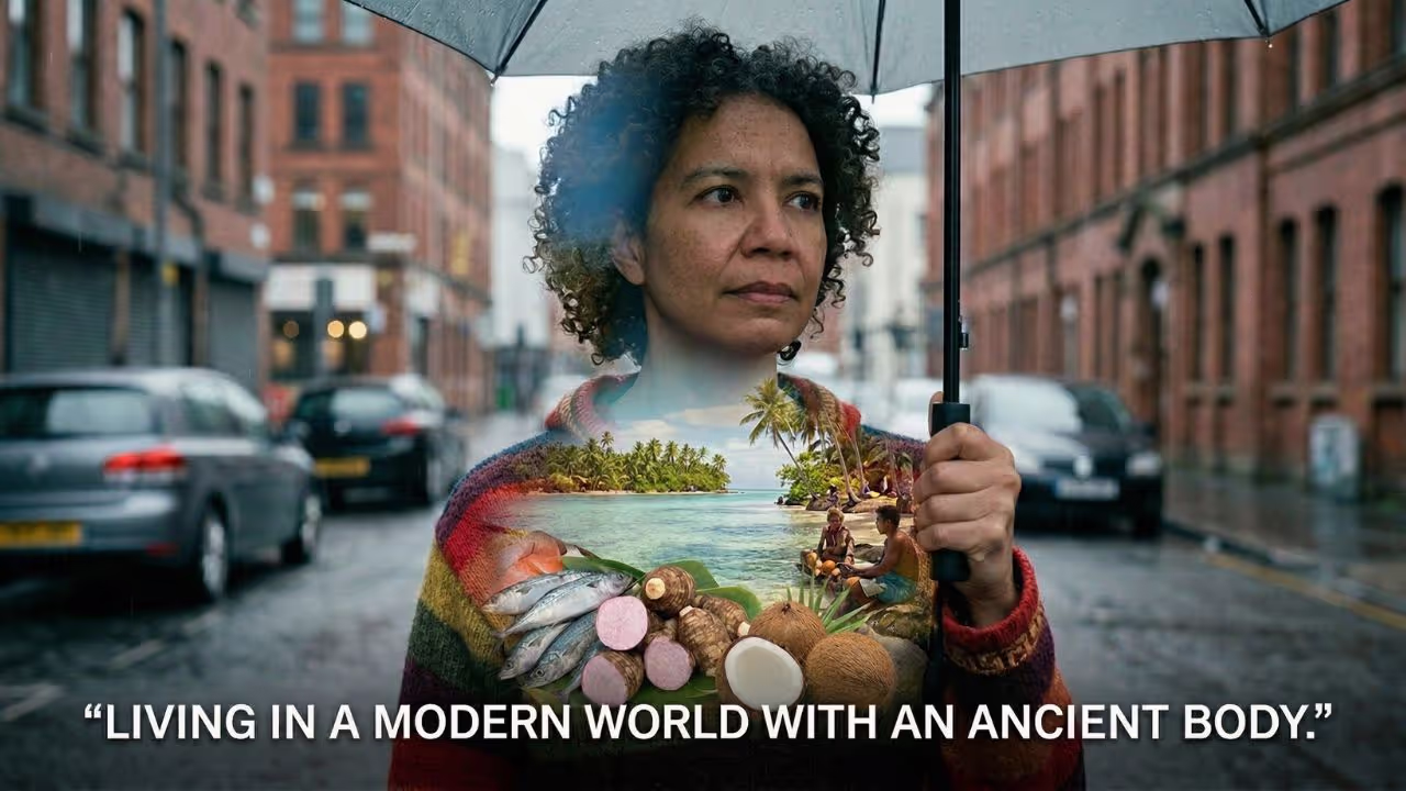 Dr Catriona Walsh, founder of The Food Phoenix, photographed in a double-exposure portrait on a rainy urban street — her body overlaid with a tropical island scene, whole fish, tubers, and coconuts. 