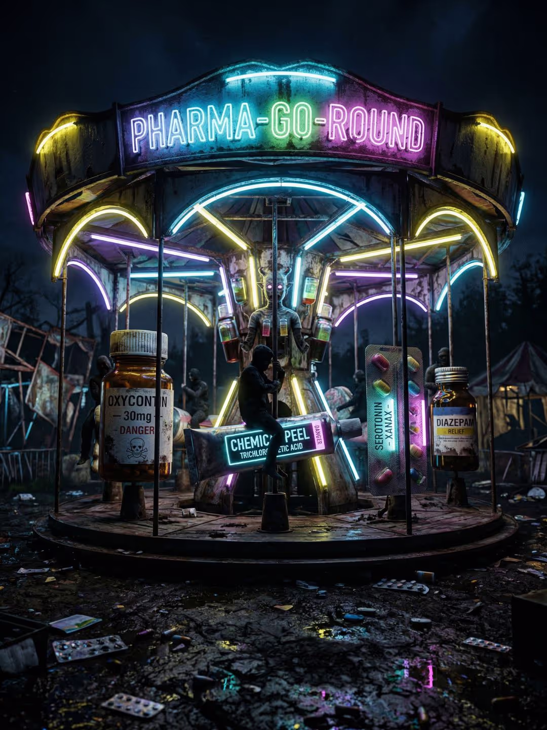 A neon-lit carnival carousel labelled 'Pharma-Go-Round' at night, with acne medication boxes — Minocycline, Oxycontin, Chemical Peel, Dianette — as the carousel figures. A visual metaphor for the phar