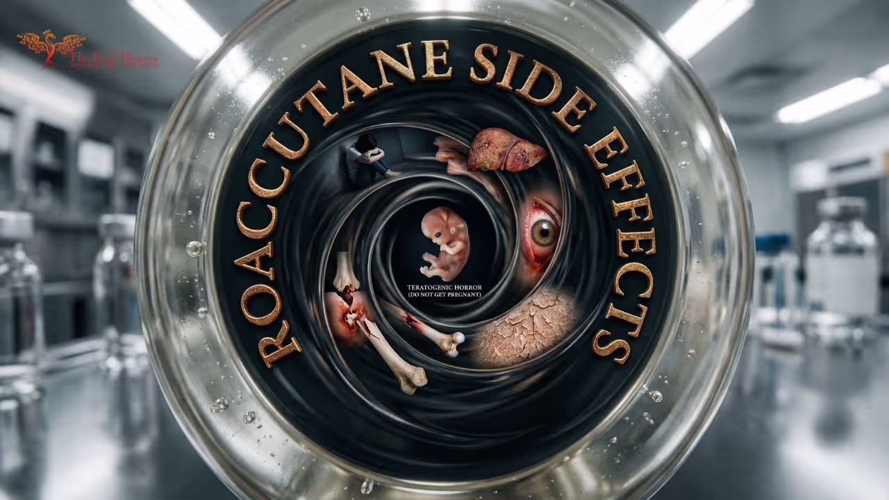 A black vortex inside a pill showing the side effects of Roaccutane (isotretinoin): a foetal figure with the warning 'Teratogenic Horror — Do Not Get Pregnant,' a liver, a bloodshot eye, cracked skin
