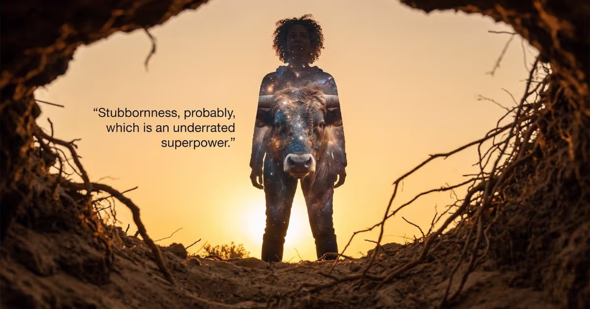 A silhouette of me standing in a cave entrance at sunset, my body overlaid with a double-exposure of a bull and a galaxy — with the quote 'Stubbornness, probably, which is an underrated superpower.'