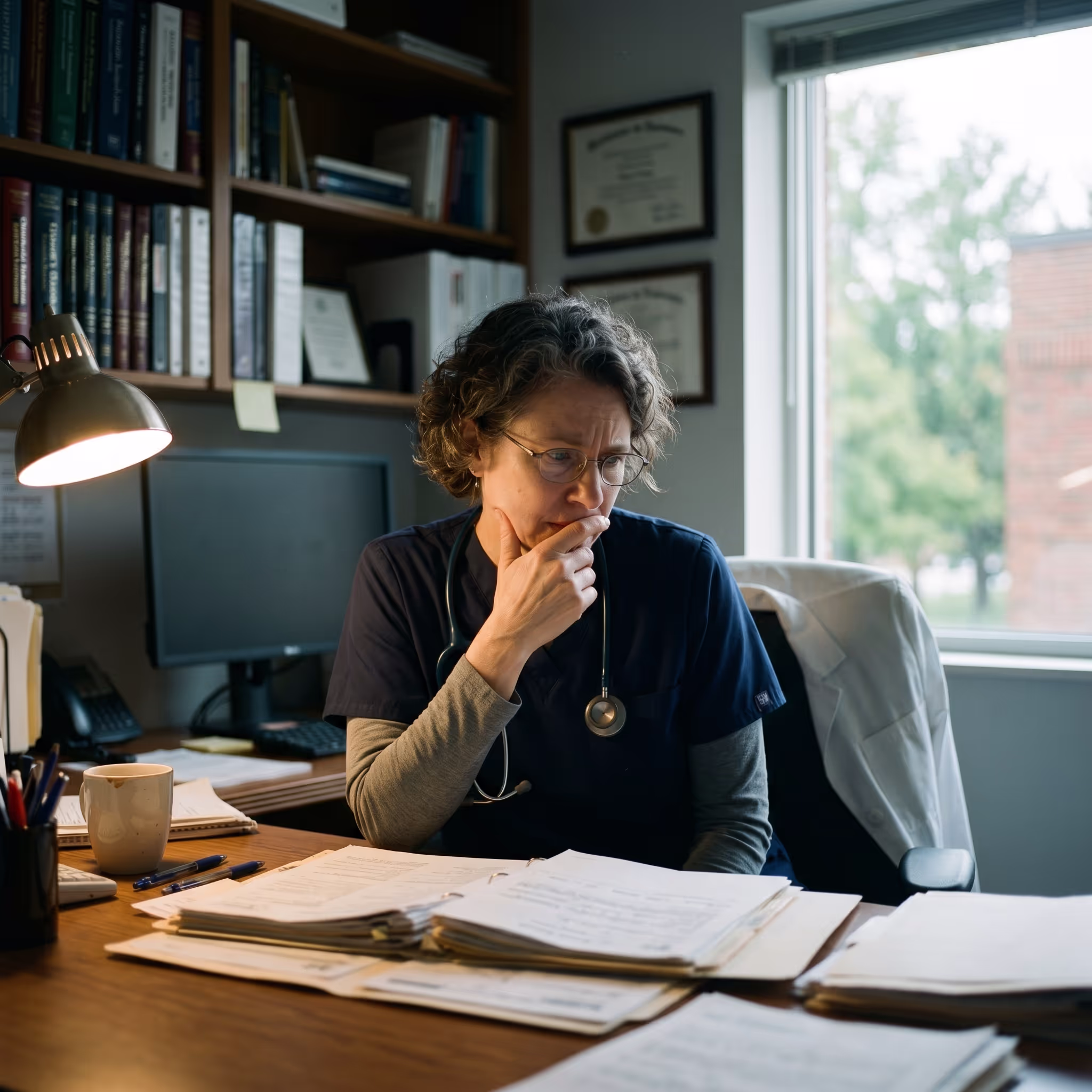 A medical professional in scrubs with a stethoscope sits at a cluttered office desk, looking thoughtful while reviewing stacks of paperwork under a desk lamp; bookshelves and framed certificates behind, a white coat on the chair, and daylight coming through a window.